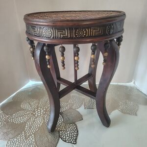 Vintage Wood Stool Plant Stand with Beaded Trim - Brown 16"H 12" D